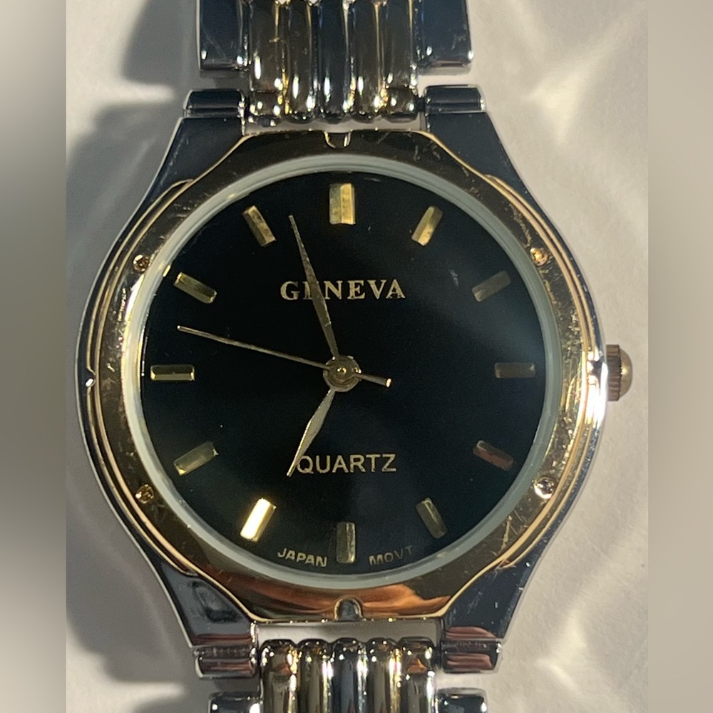 Geneva Black Face Watch with Gold and Sterling Silver Accents